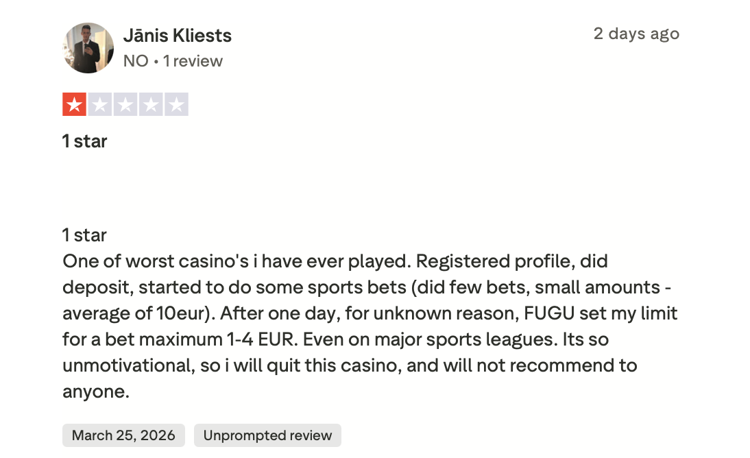 Fugu Casino Wettlimits Problem Trustpilot Kritik